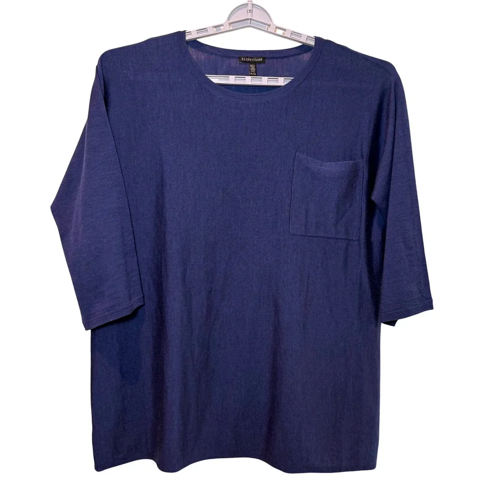Eileen Fisher Womens XL Blue 100% Merino Wool Italian Yarn Boxy Pocket Top F17JM - Picture 1 of 5